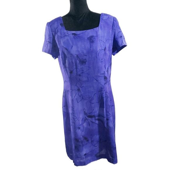 Karin Stevens Blue Black Short Sleeve Floral Square Neck A-line Dress Size 10 - Picture 1 of 5
